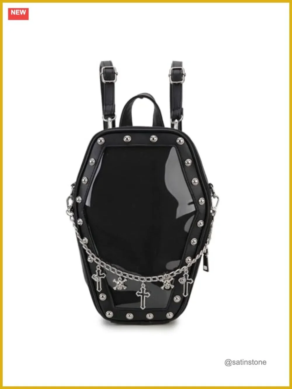 Coffin Shape Ita Bag with Clear Window Panel, Faux Leather Pin Display